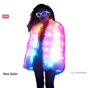 Faux Fur Jacket LED Light Up Coat Music Festival Winter Night Out Plus Size